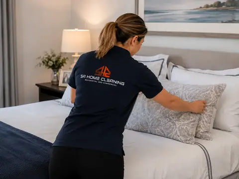 Cleaner making the bed during an Airbnb turnover cleaning