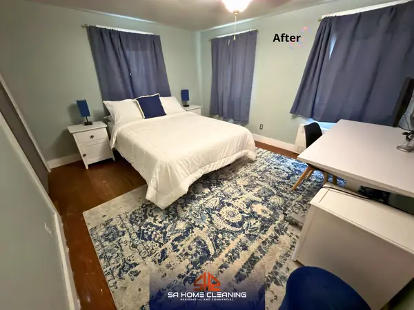 Bedroom after cleaning: bed made, floor and surfaces tidy