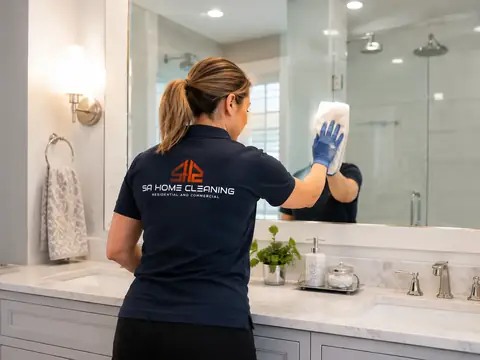 SA Home Cleaning professional deep cleaning a bathroom mirror