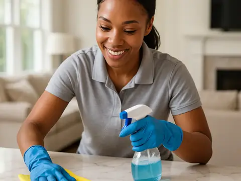 Smiling cleaner wiping a kitchen countertop