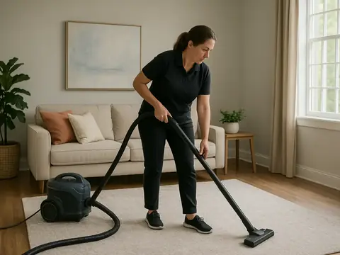 Cleaner vacuuming a living room during a regular house cleaning